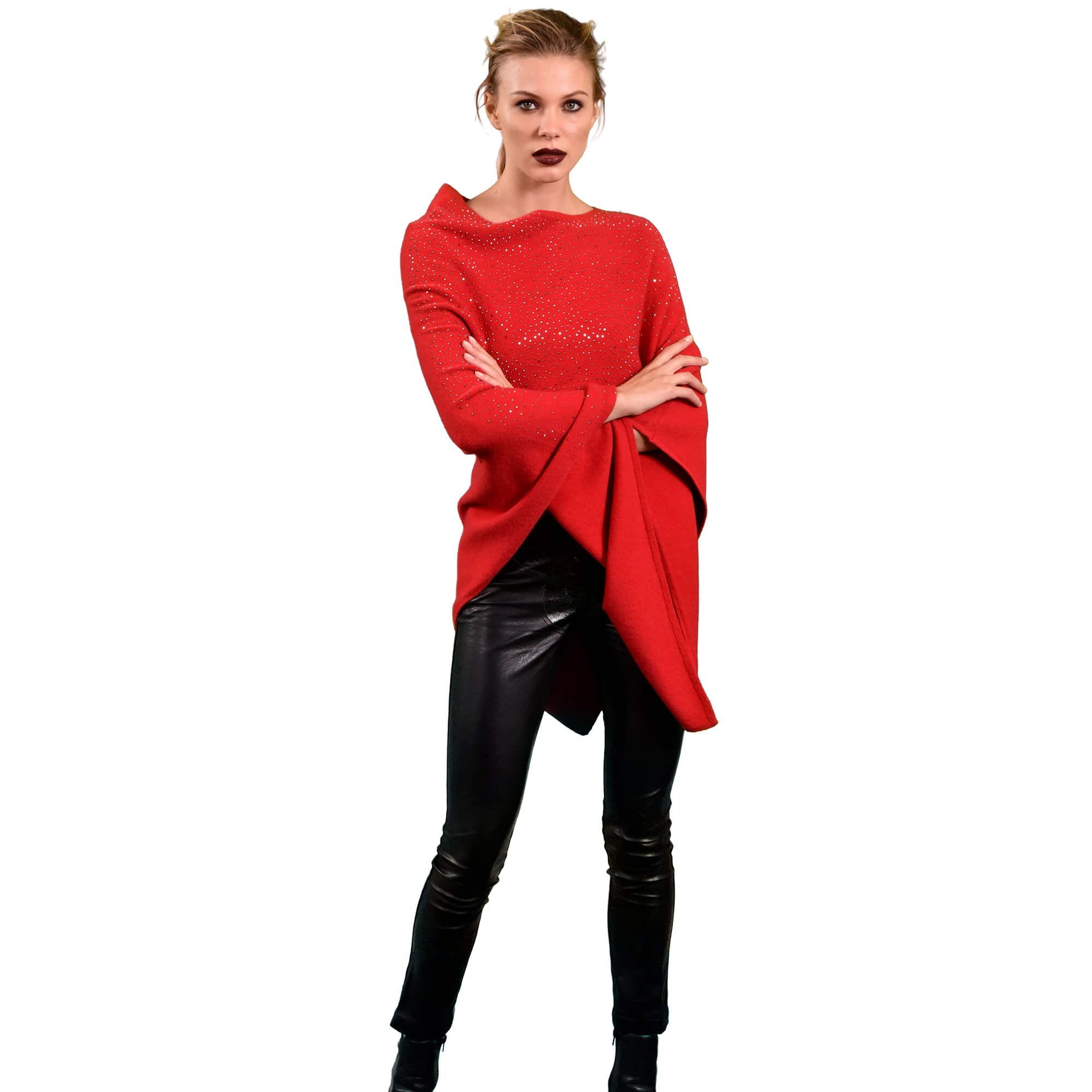 Poncho with Embellishments all Around - Poncho - La Fiorentina,Red B40-DS_RED