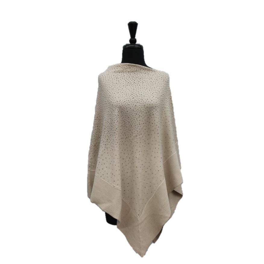 Poncho with Embellishments and Ribbed Border - Poncho - La Fiorentina,Beige BE02A