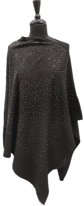 Poncho with Embellishments and Ribbed Border - Poncho - La Fiorentina,Black BE02A
