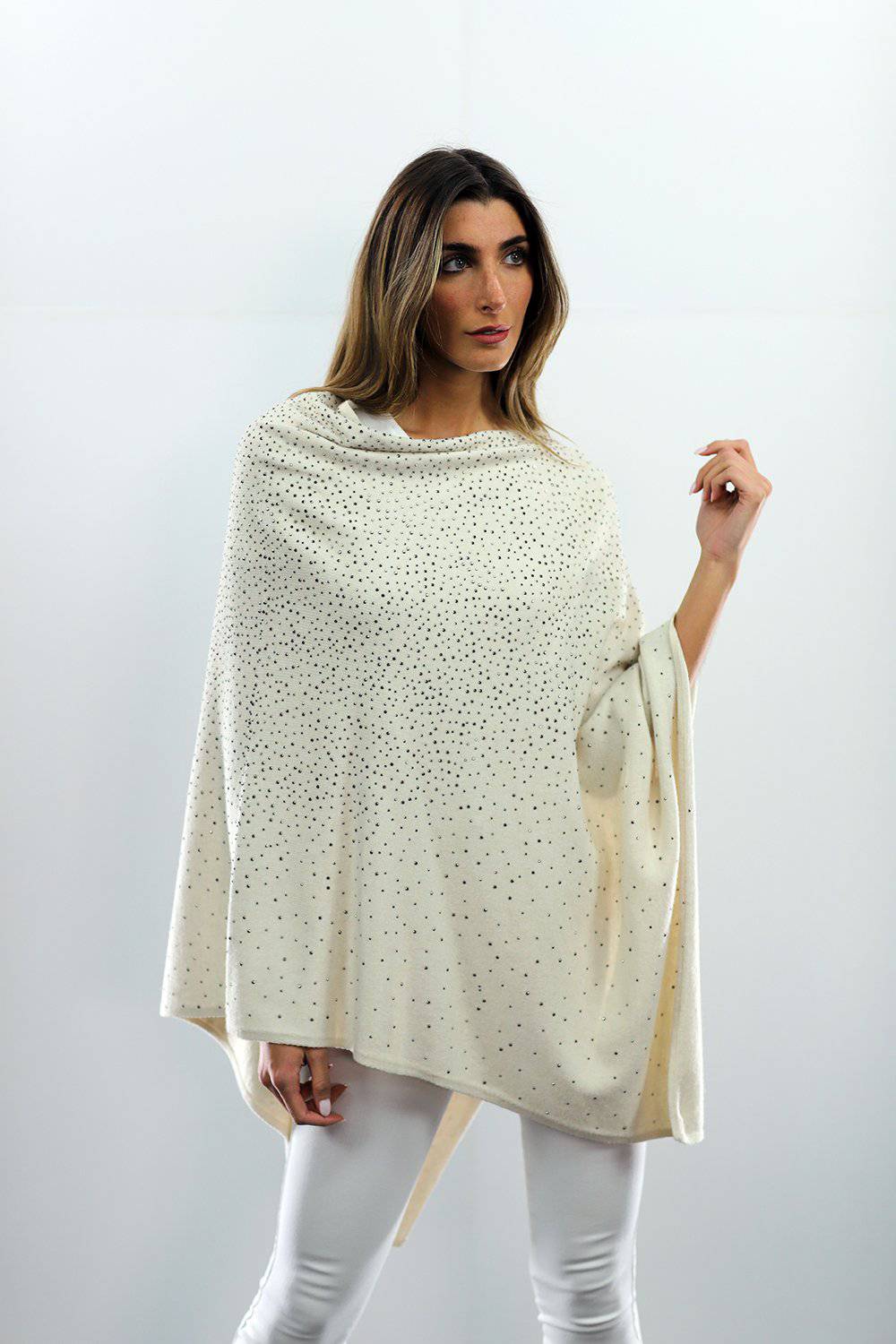 Poncho With Embellishments - Ivory - Poncho - La Fiorentina B40