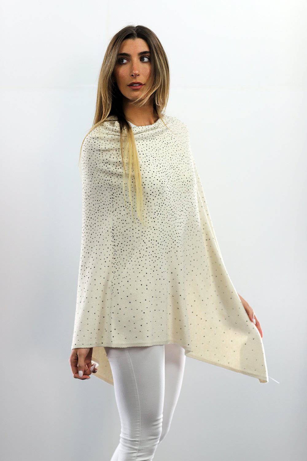 Poncho With Embellishments - Ivory - Poncho - La Fiorentina B40