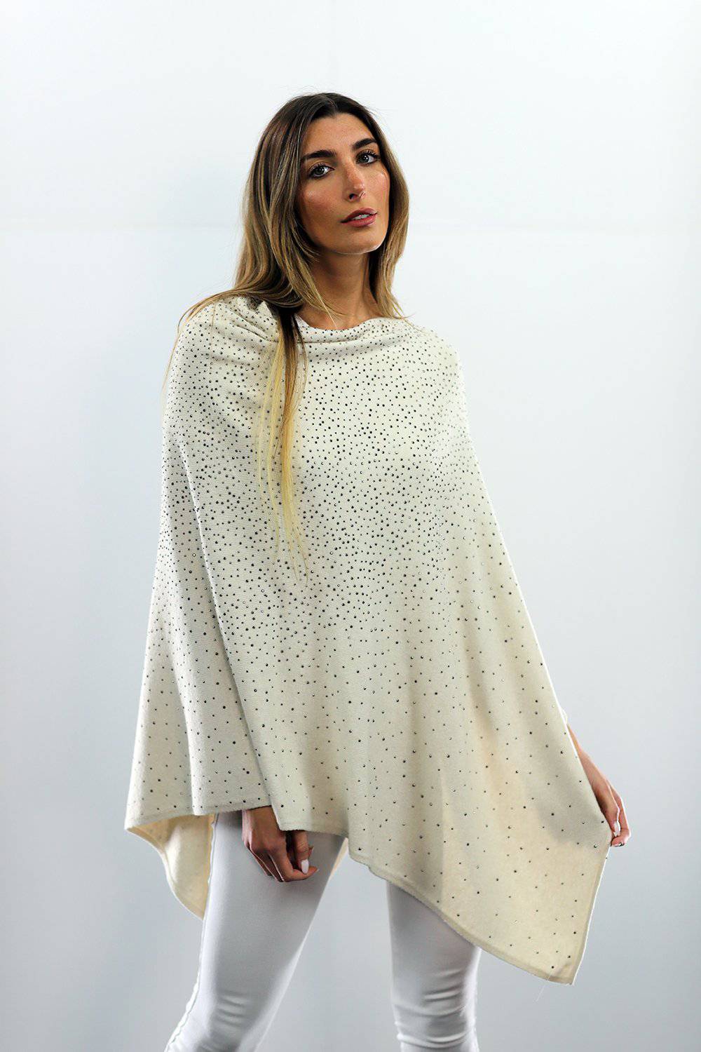 Poncho With Embellishments - Ivory - Poncho - La Fiorentina B40