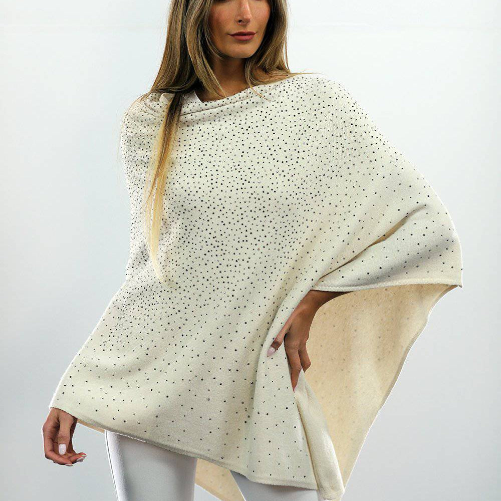 Poncho With Embellishments - Ivory - Poncho - La Fiorentina B40