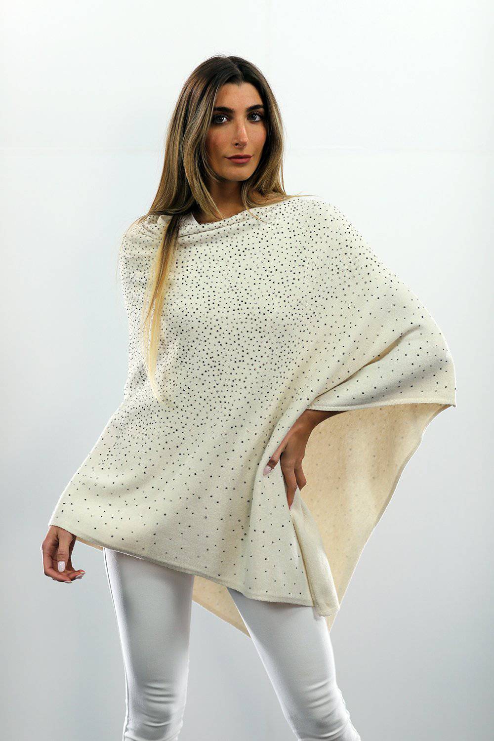 Poncho With Embellishments - Ivory - Poncho - La Fiorentina B40
