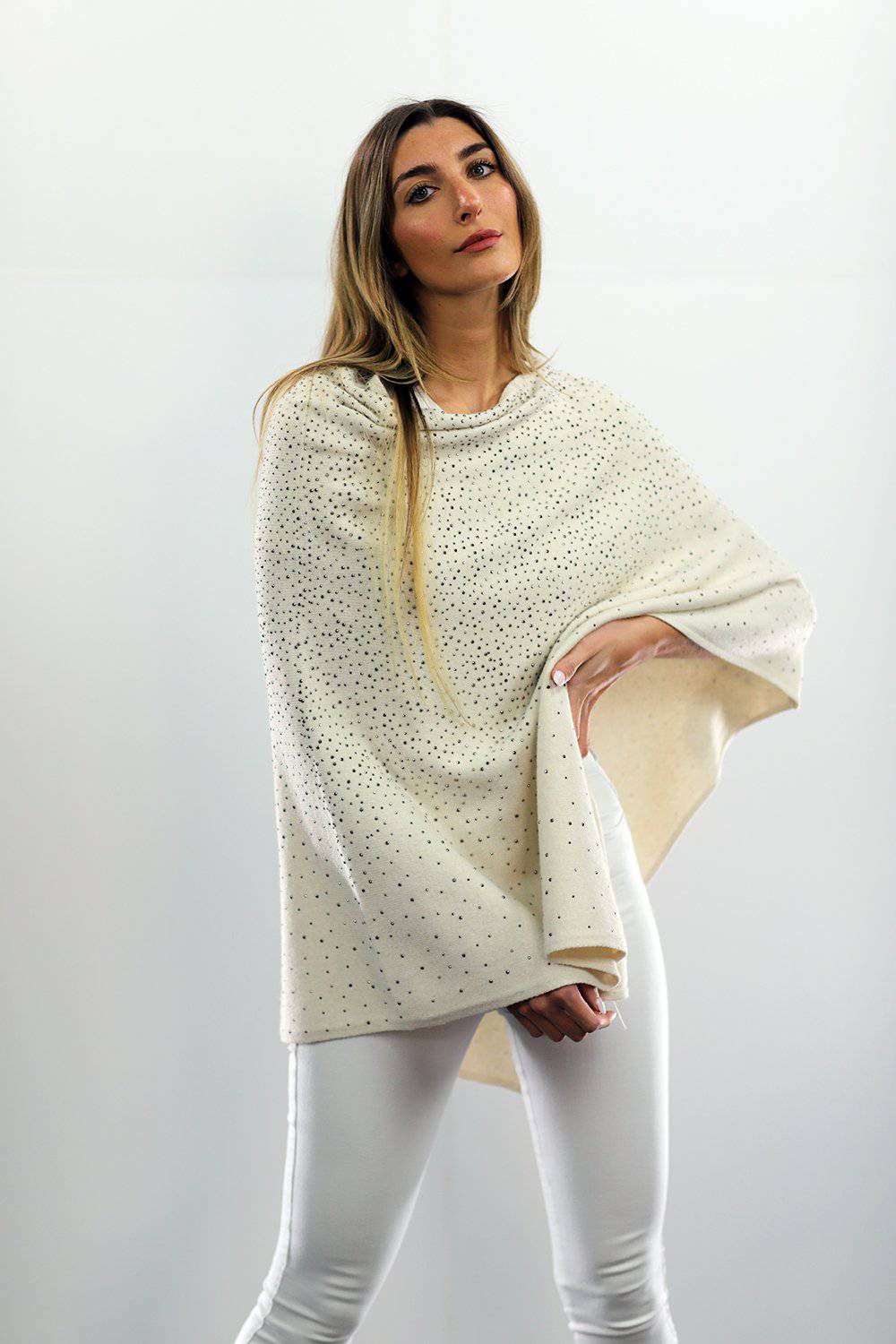 Poncho With Embellishments - Ivory - Poncho - La Fiorentina B40