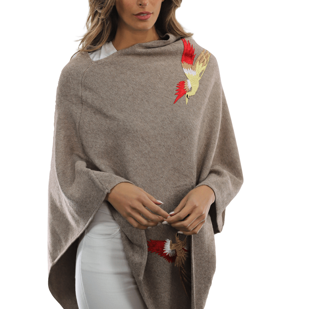 Poncho with Embroidered Phoenix - Camel Red - Poncho - La Fiorentina B40-Phoenix_CamelRed