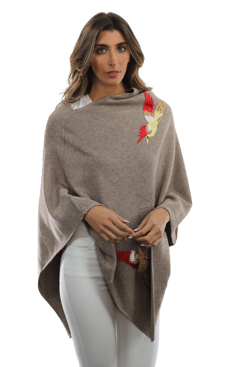 Poncho with Embroidered Phoenix - Camel Red - Poncho - La Fiorentina B40-Phoenix_CamelRed