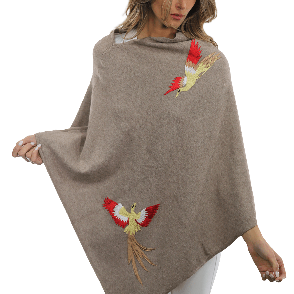 Poncho with Embroidered Phoenix - Camel Red - Poncho - La Fiorentina B40-Phoenix_CamelRed