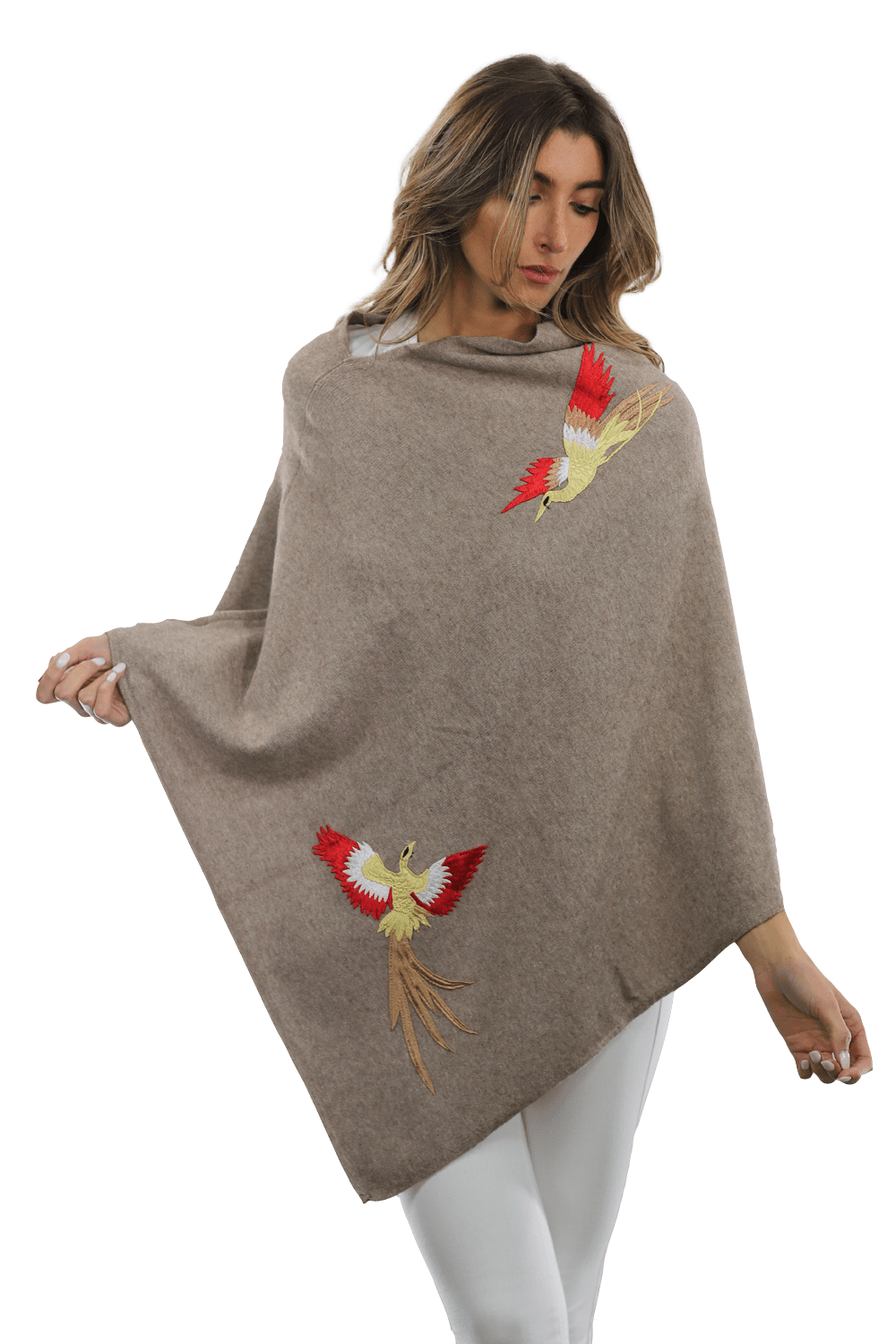 Poncho with Embroidered Phoenix - Camel Red - Poncho - La Fiorentina B40-Phoenix_CamelRed