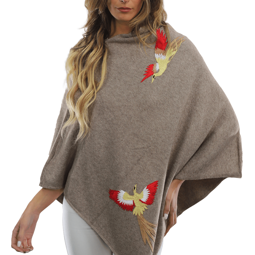 Poncho with Embroidered Phoenix - Camel Red - Poncho - La Fiorentina B40-Phoenix_CamelRed