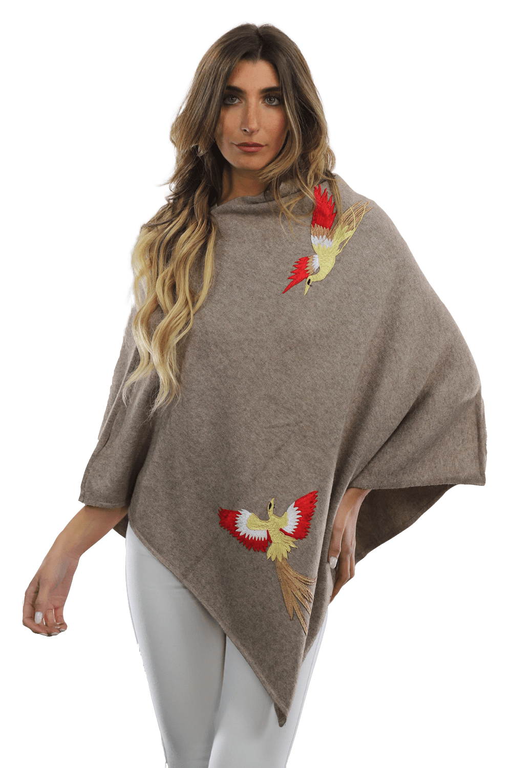 Poncho with Embroidered Phoenix - Camel Red - Poncho - La Fiorentina B40-Phoenix_CamelRed