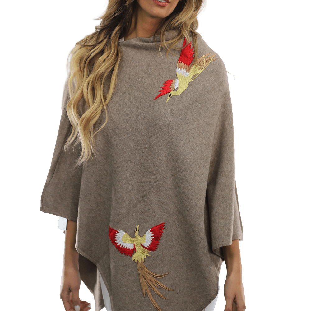 Poncho with Embroidered Phoenix - Camel Red - Poncho - La Fiorentina B40-Phoenix_CamelRed
