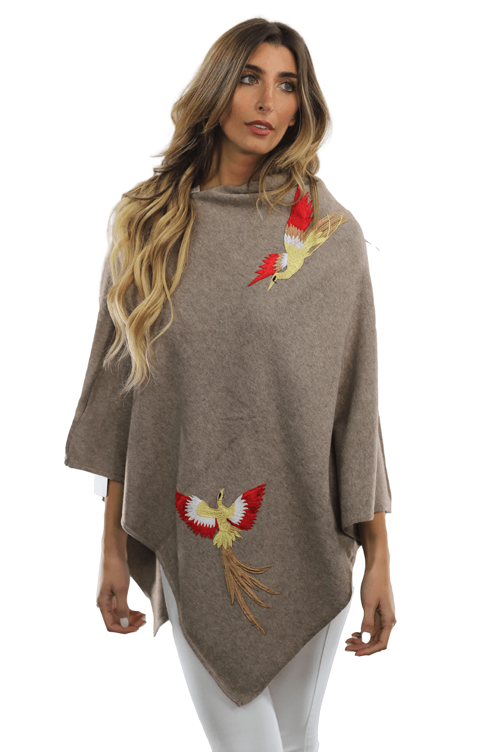 Poncho with Embroidered Phoenix - Camel Red - Poncho - La Fiorentina B40-Phoenix_CamelRed