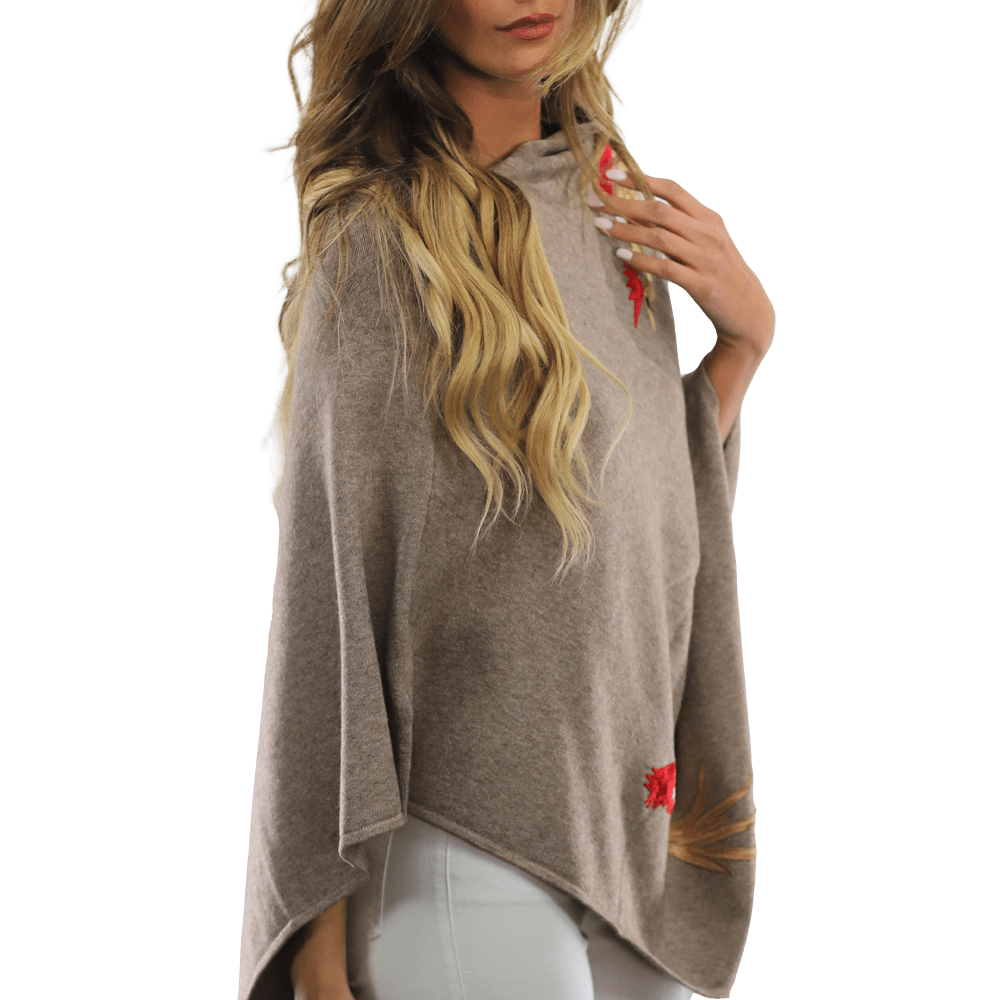 Poncho with Embroidered Phoenix - Camel Red - Poncho - La Fiorentina B40-Phoenix_CamelRed