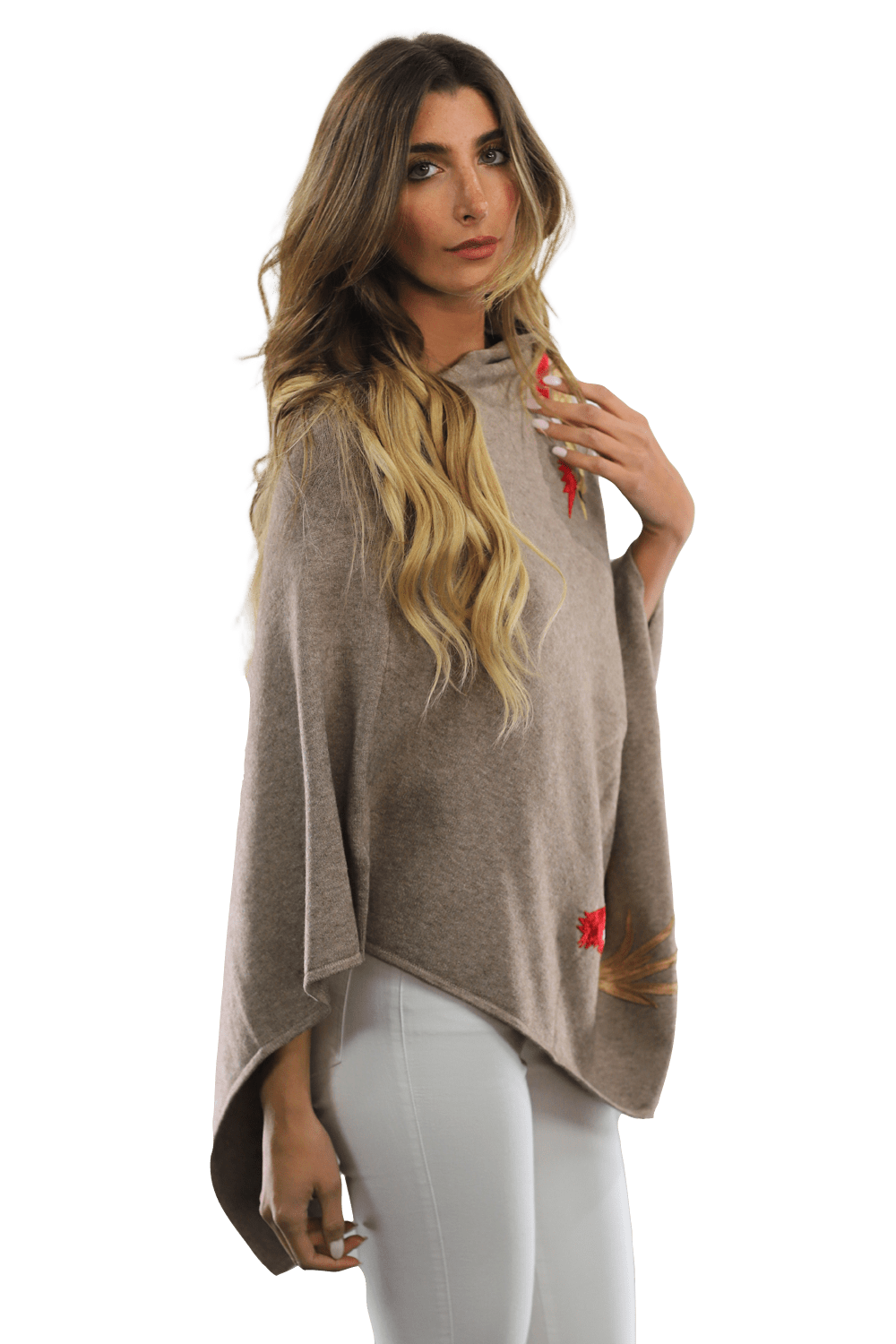 Poncho with Embroidered Phoenix - Camel Red - Poncho - La Fiorentina B40-Phoenix_CamelRed