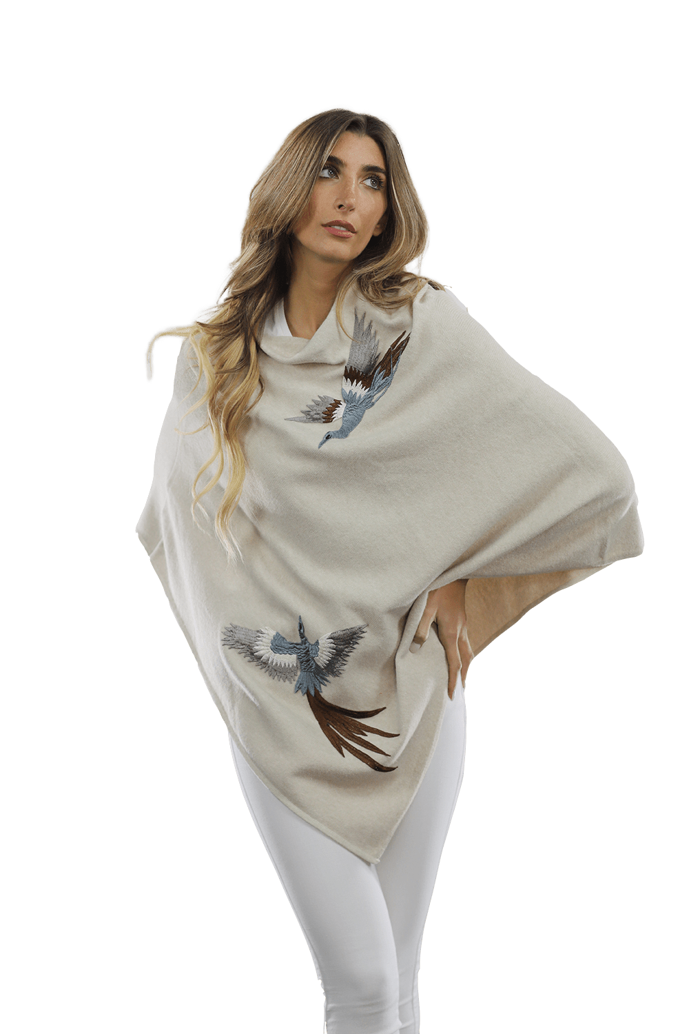 Poncho with Embroidered Phoenix   - Ivory - Poncho - La Fiorentina B40-PHOENIX