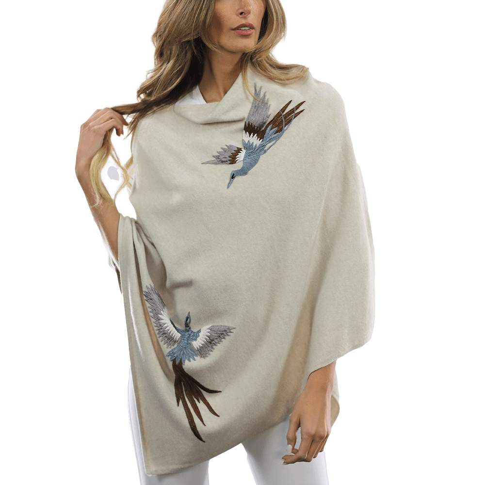 Poncho with Embroidered Phoenix   - Ivory - Poncho - La Fiorentina B40-PHOENIX
