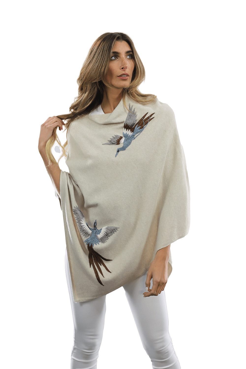 Poncho with Embroidered Phoenix   - Ivory - Poncho - La Fiorentina B40-PHOENIX