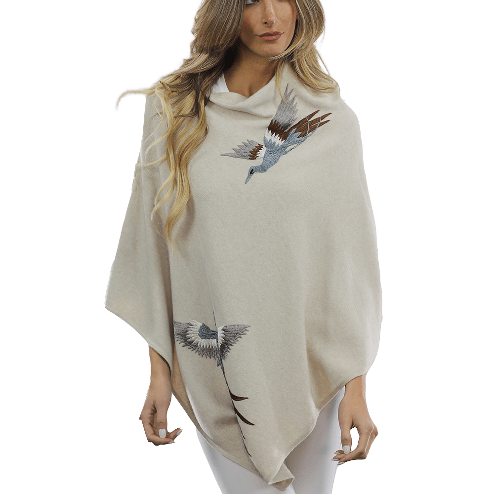 Poncho with Embroidered Phoenix   - Ivory - Poncho - La Fiorentina B40-PHOENIX