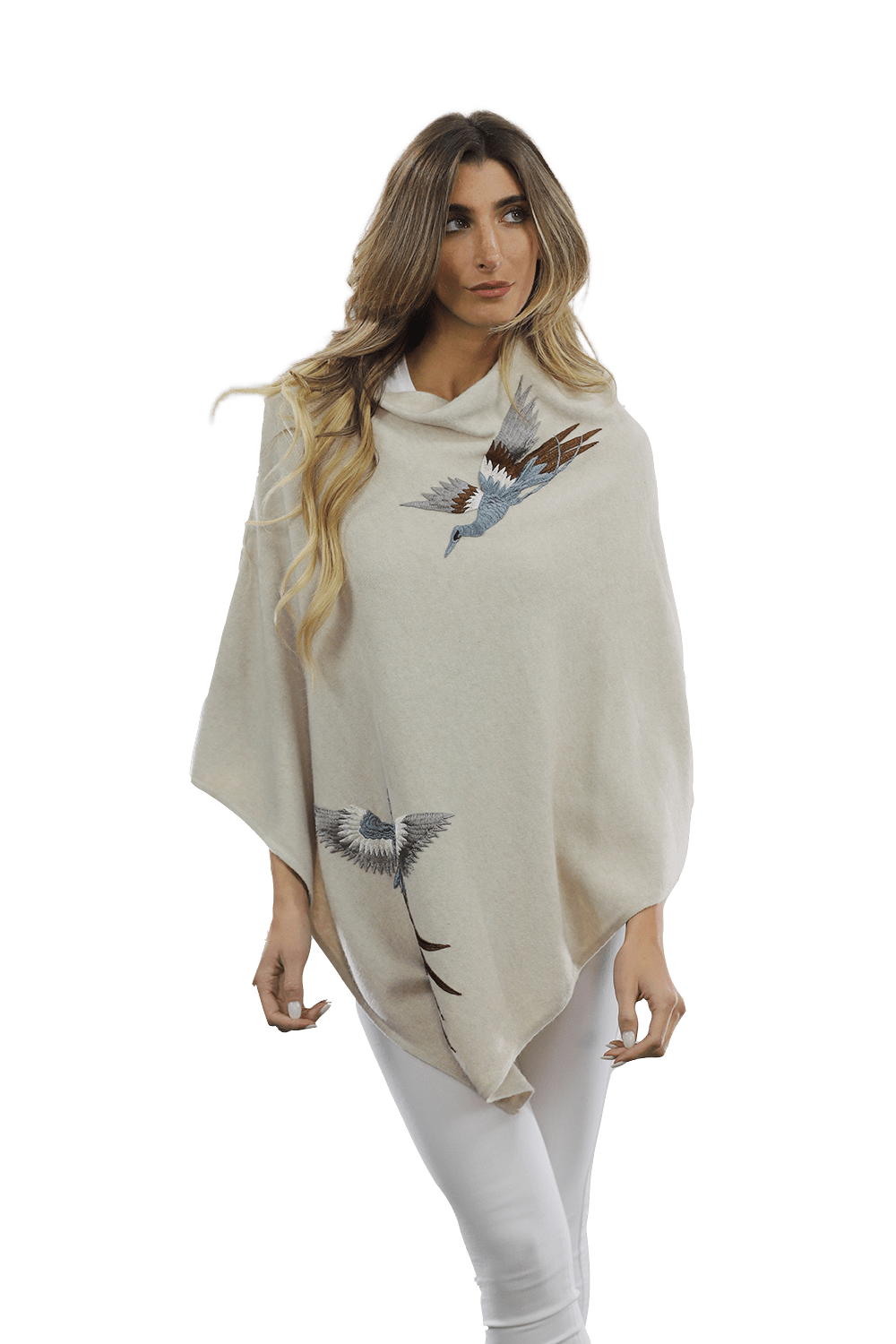 Poncho with Embroidered Phoenix   - Ivory - Poncho - La Fiorentina B40-PHOENIX