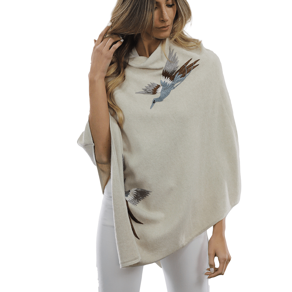 Poncho with Embroidered Phoenix   - Ivory - Poncho - La Fiorentina B40-PHOENIX