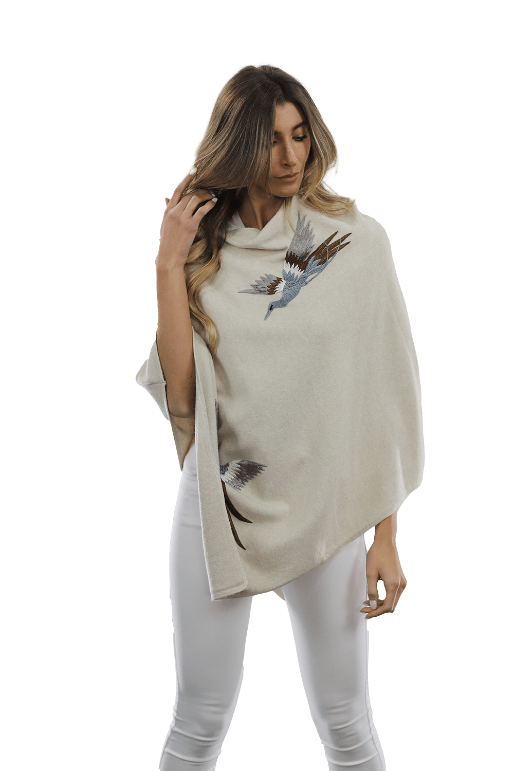Poncho with Embroidered Phoenix   - Ivory - Poncho - La Fiorentina B40-PHOENIX