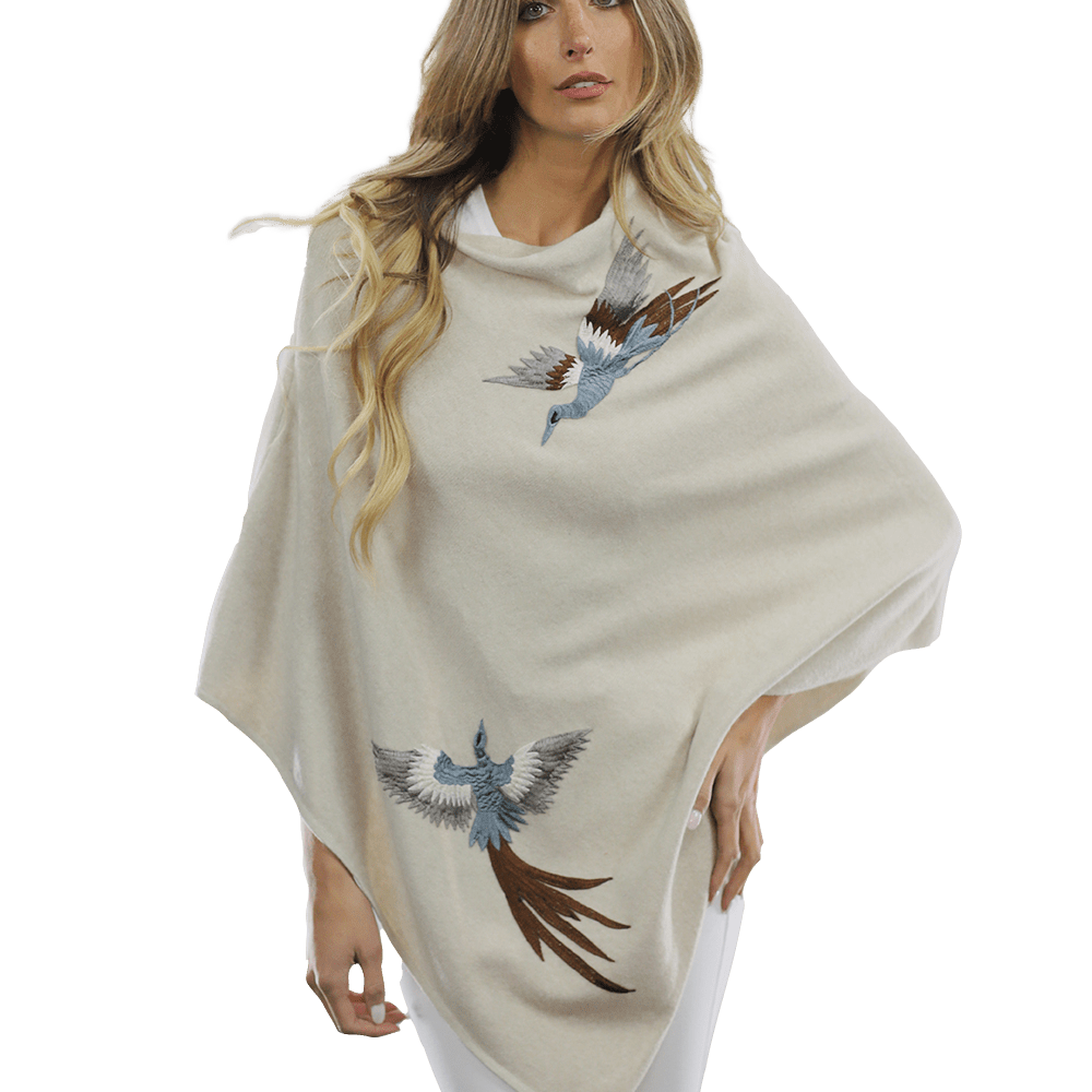Poncho with Embroidered Phoenix   - Ivory - Poncho - La Fiorentina B40-PHOENIX