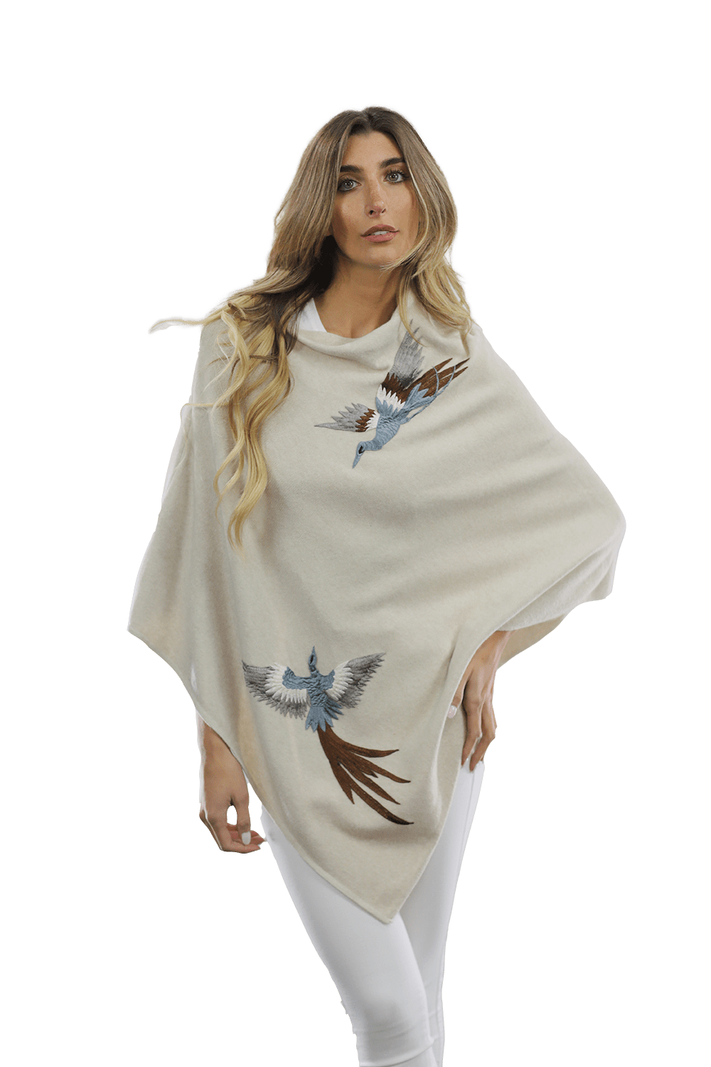 Poncho with Embroidered Phoenix   - Ivory - Poncho - La Fiorentina B40-PHOENIX