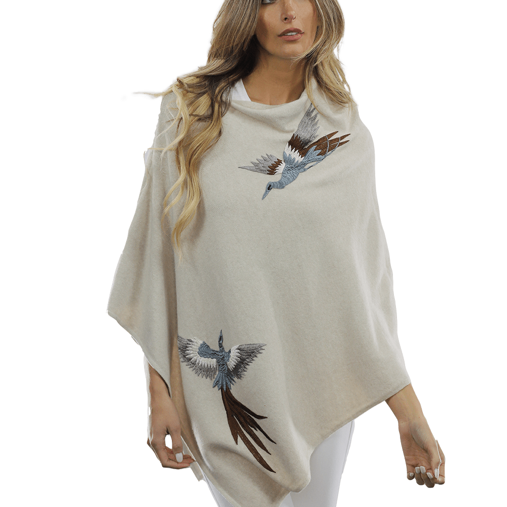 Poncho with Embroidered Phoenix   - Ivory - Poncho - La Fiorentina B40-PHOENIX