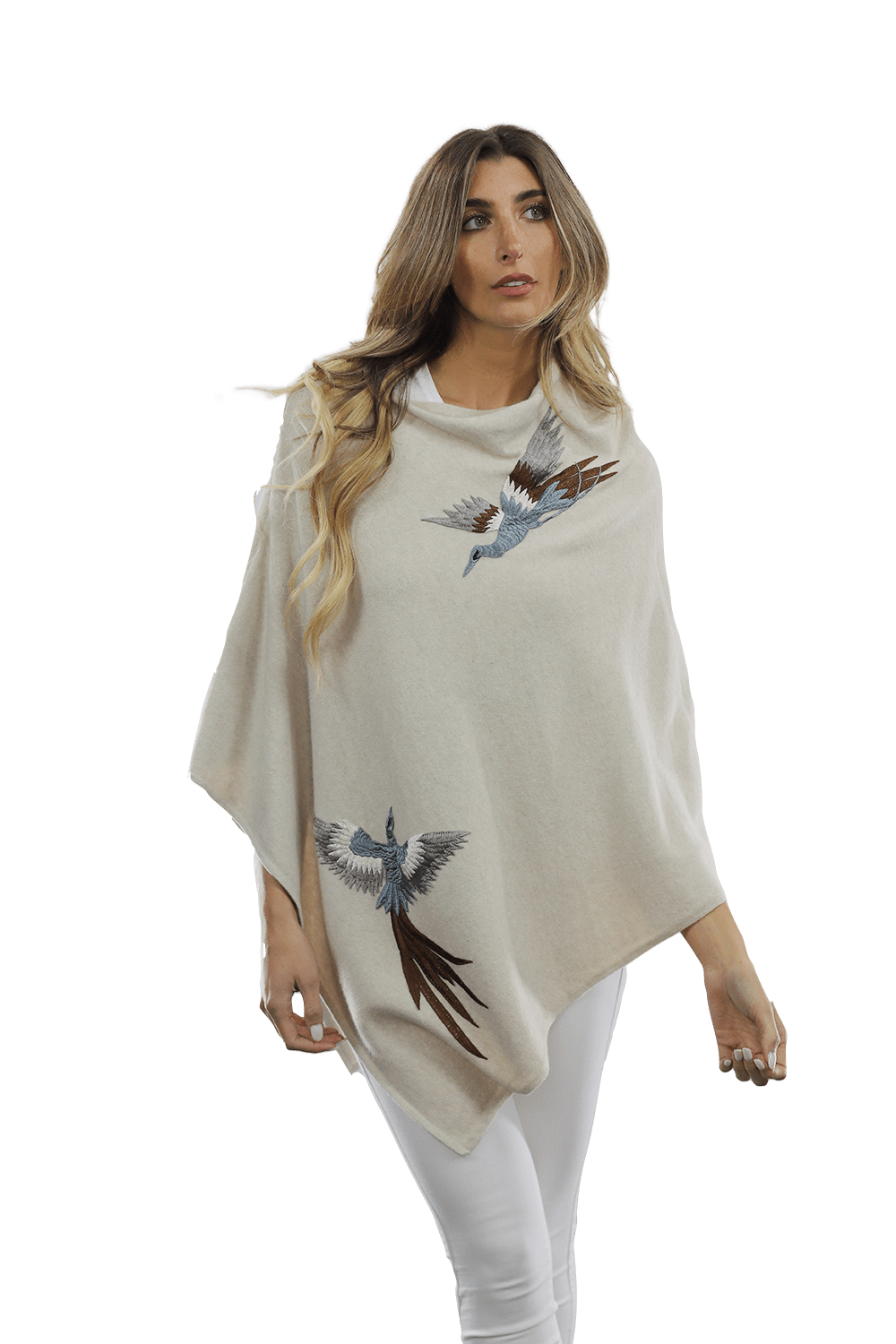 Poncho with Embroidered Phoenix   - Ivory - Poncho - La Fiorentina B40-PHOENIX