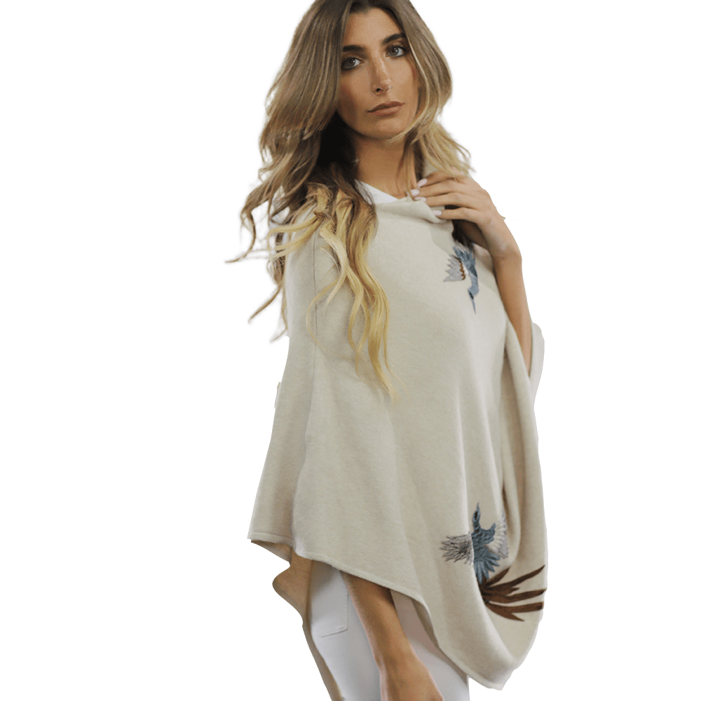 Poncho with Embroidered Phoenix   - Ivory - Poncho - La Fiorentina B40-PHOENIX