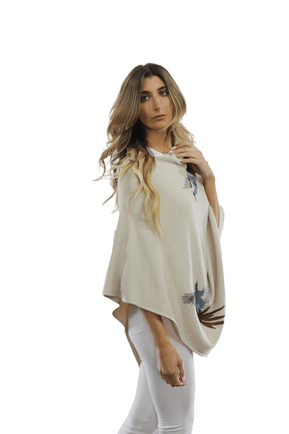 Poncho with Embroidered Phoenix   - Ivory - Poncho - La Fiorentina B40-PHOENIX