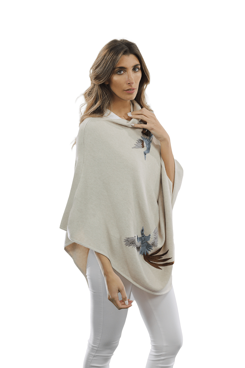 Poncho with Embroidered Phoenix   - Ivory - Poncho - La Fiorentina B40-PHOENIX
