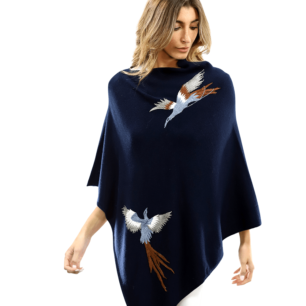 Poncho with Embroidered Phoenix - Navy - Poncho - La Fiorentina B40-Phoenix