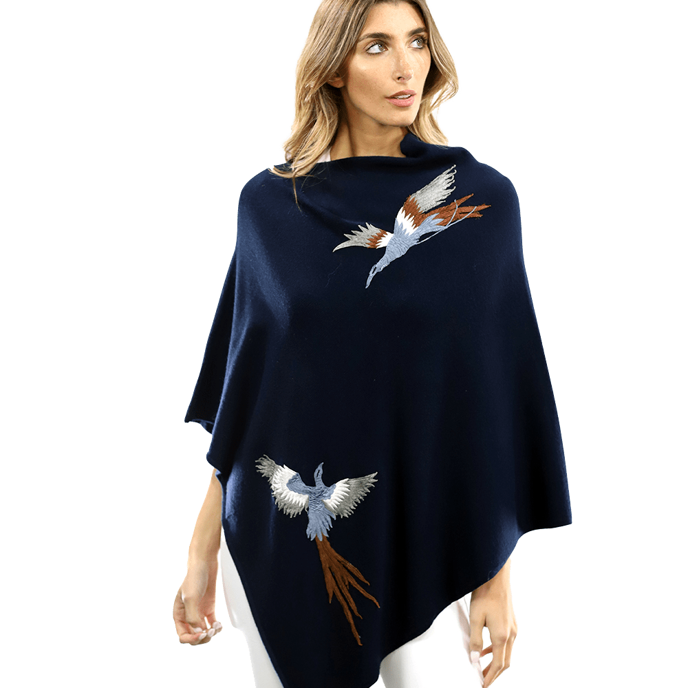 Poncho with Embroidered Phoenix - Navy - Poncho - La Fiorentina B40-Phoenix