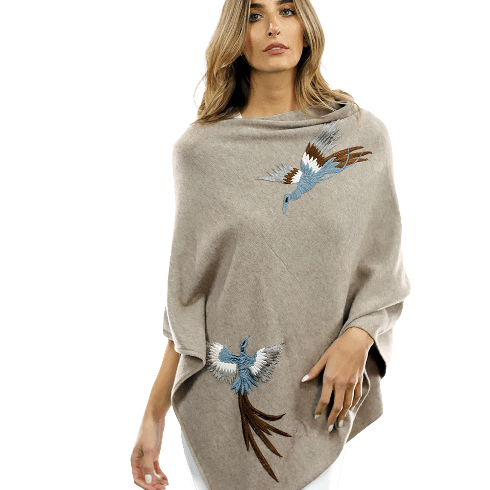 Poncho with Embroidered Phoenix - Oatmeal - Poncho - La Fiorentina B40-PHOENIX