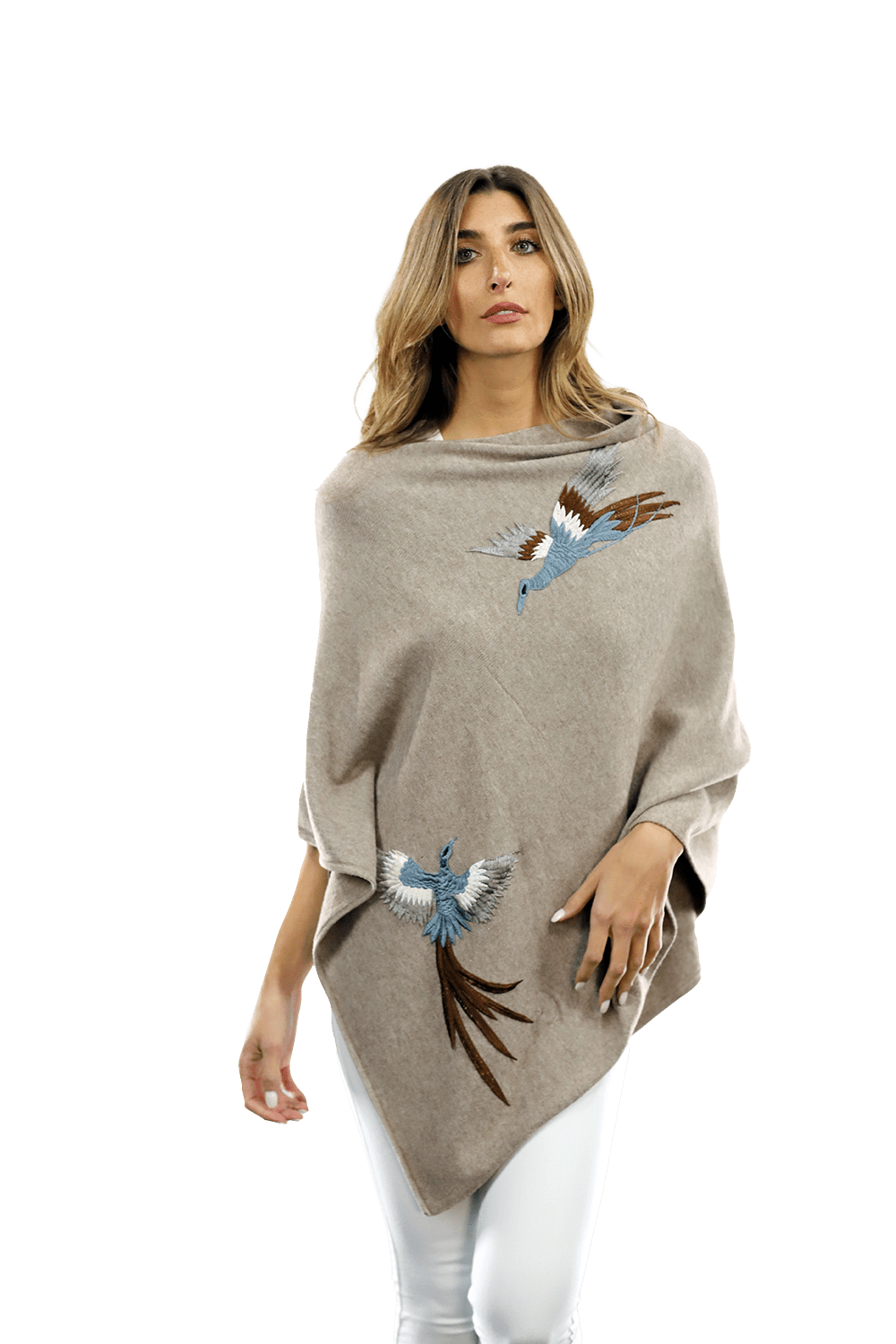 Poncho with Embroidered Phoenix - Oatmeal - Poncho - La Fiorentina B40-PHOENIX