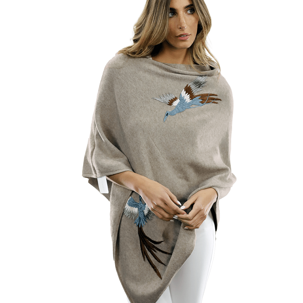 Poncho with Embroidered Phoenix - Oatmeal - Poncho - La Fiorentina B40-PHOENIX