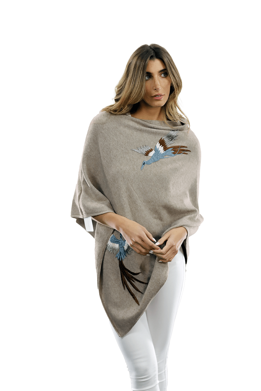 Poncho with Embroidered Phoenix - Oatmeal - Poncho - La Fiorentina B40-PHOENIX