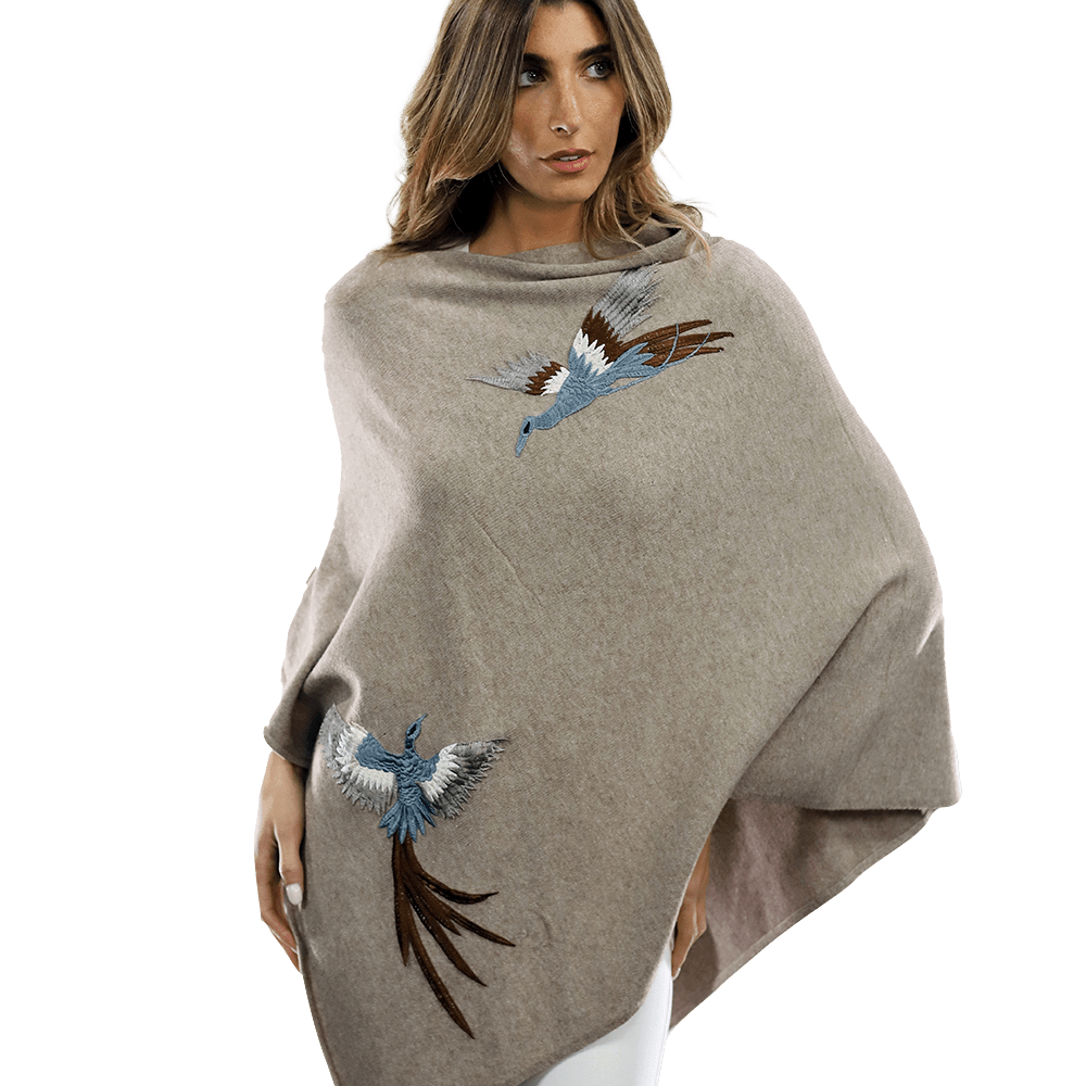 Poncho with Embroidered Phoenix - Oatmeal - Poncho - La Fiorentina B40-PHOENIX
