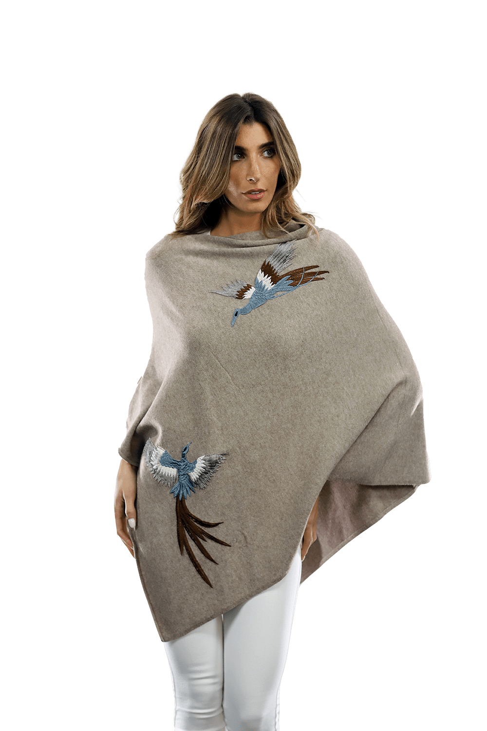 Poncho with Embroidered Phoenix - Oatmeal - Poncho - La Fiorentina B40-PHOENIX