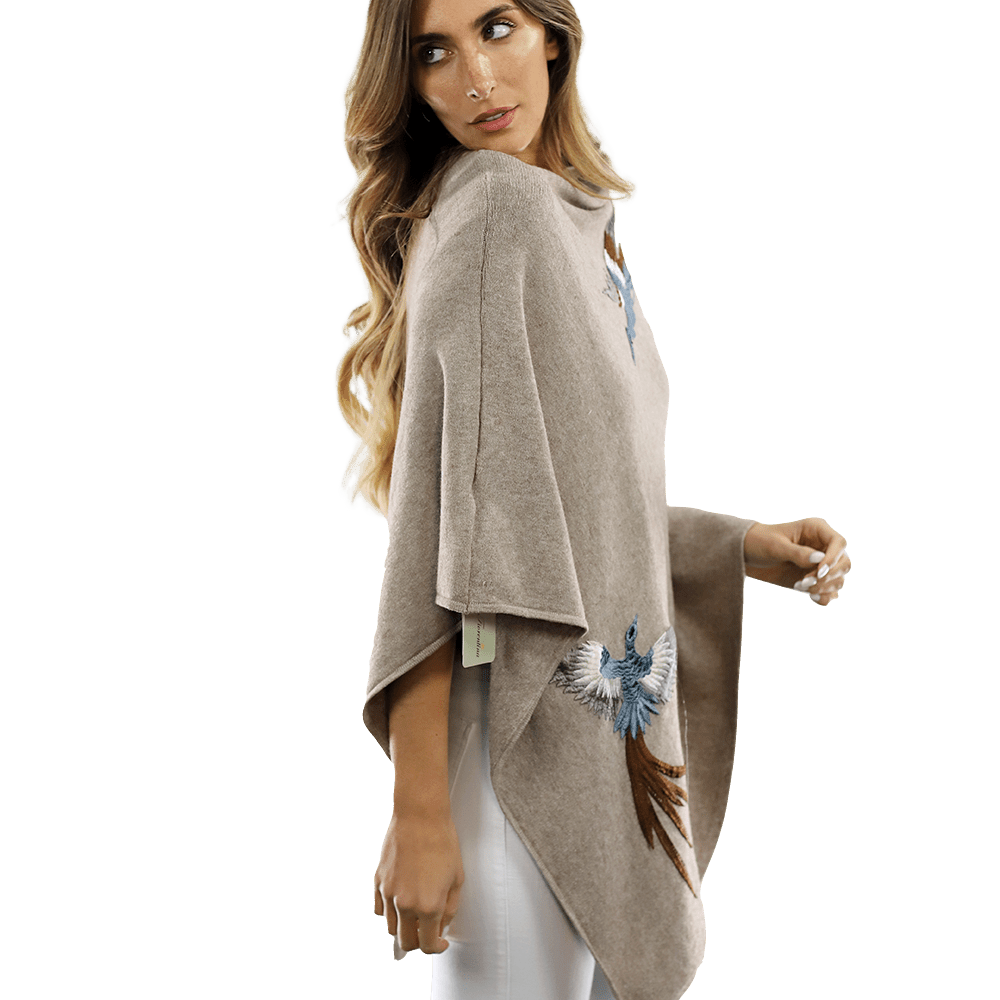 Poncho with Embroidered Phoenix - Oatmeal - Poncho - La Fiorentina B40-PHOENIX