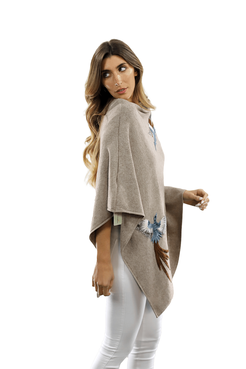 Poncho with Embroidered Phoenix - Oatmeal - Poncho - La Fiorentina B40-PHOENIX