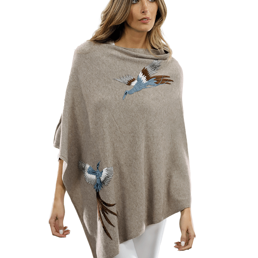 Poncho with Embroidered Phoenix - Oatmeal - Poncho - La Fiorentina B40-PHOENIX