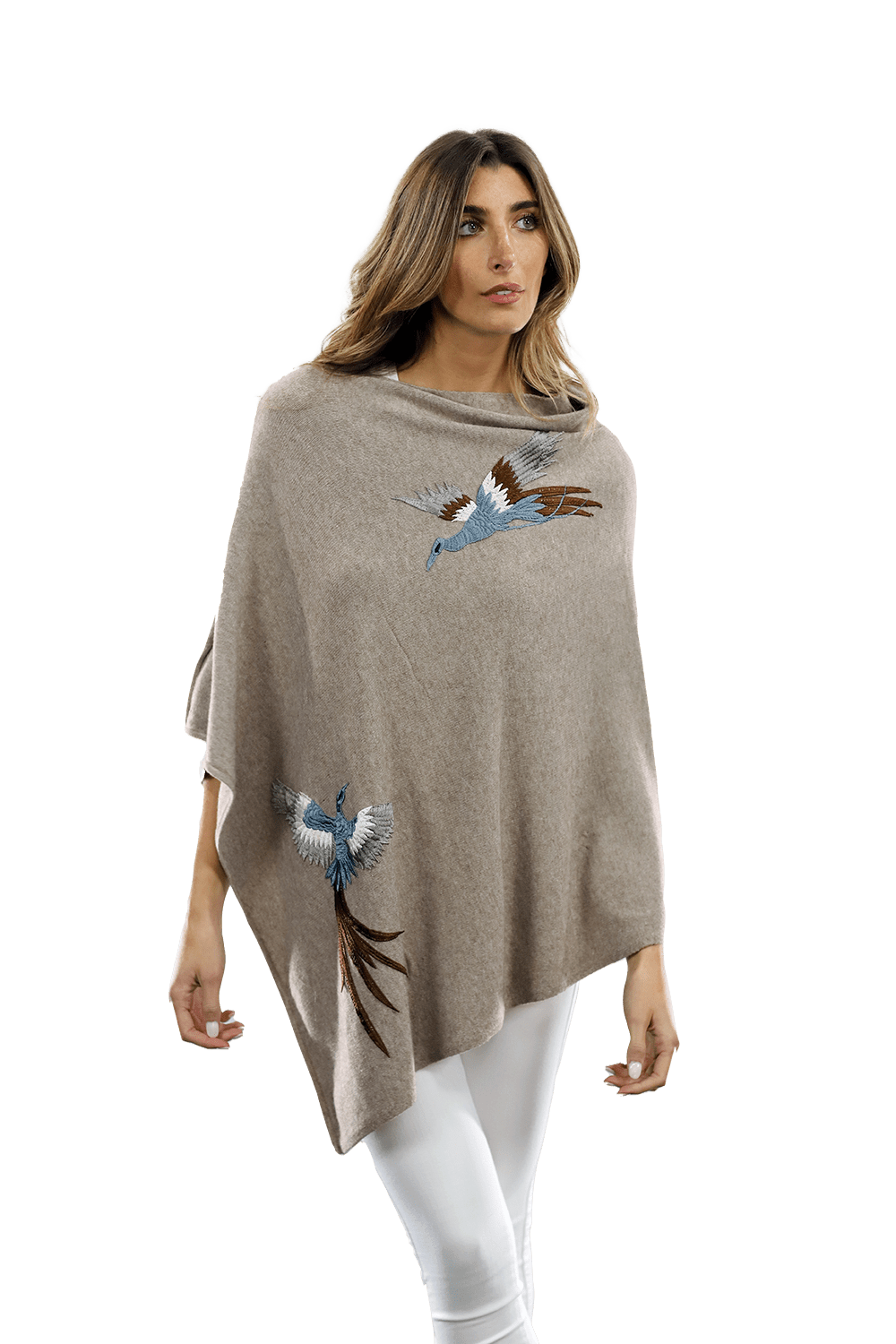 Poncho with Embroidered Phoenix - Oatmeal - Poncho - La Fiorentina B40-PHOENIX