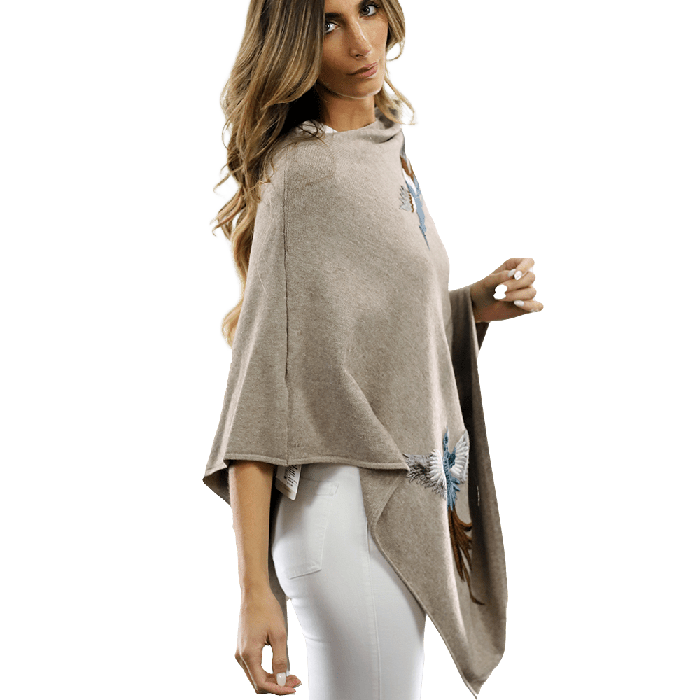 Poncho with Embroidered Phoenix - Oatmeal - Poncho - La Fiorentina B40-PHOENIX