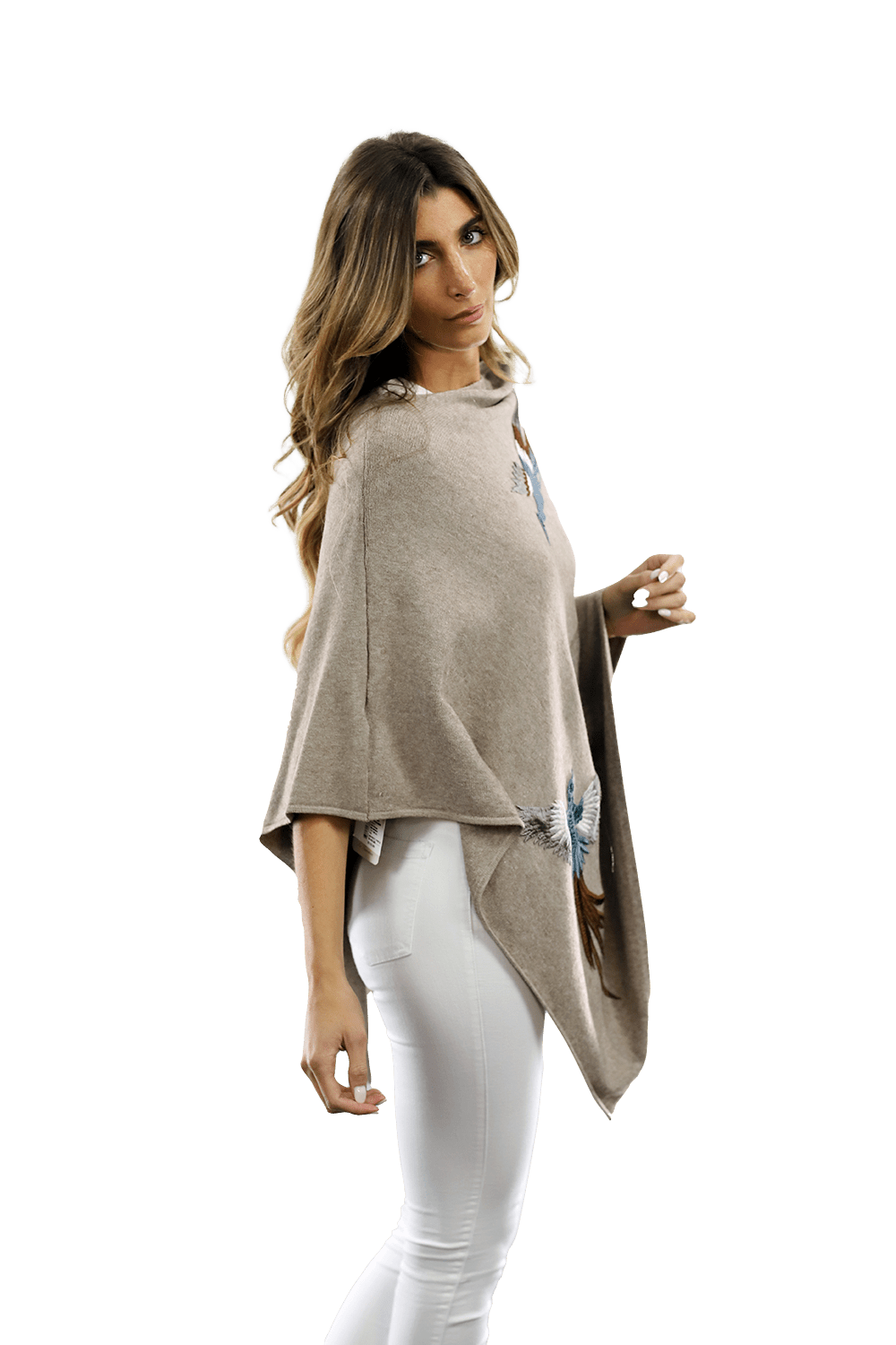 Poncho with Embroidered Phoenix - Oatmeal - Poncho - La Fiorentina B40-PHOENIX