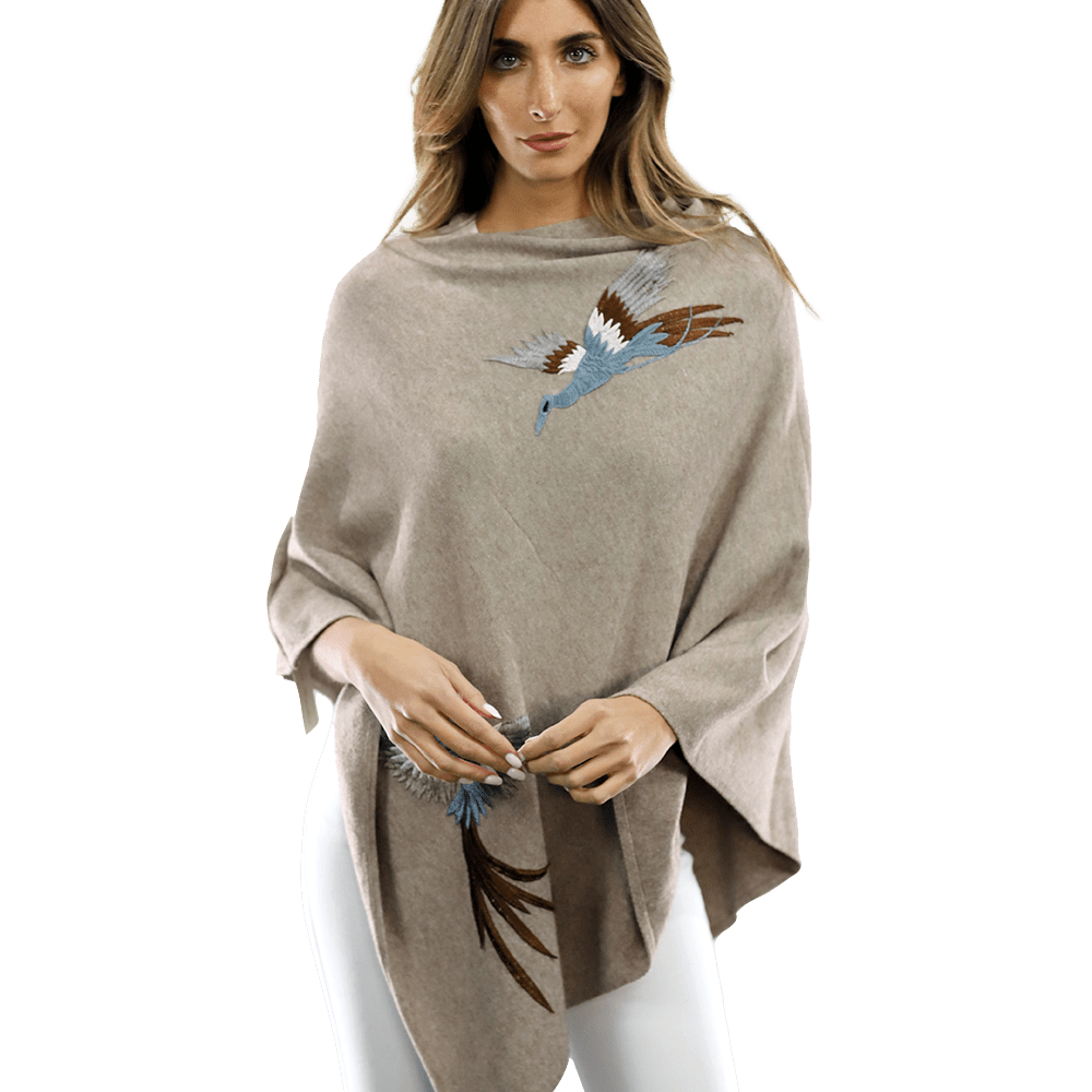 Poncho with Embroidered Phoenix - Oatmeal - Poncho - La Fiorentina B40-PHOENIX
