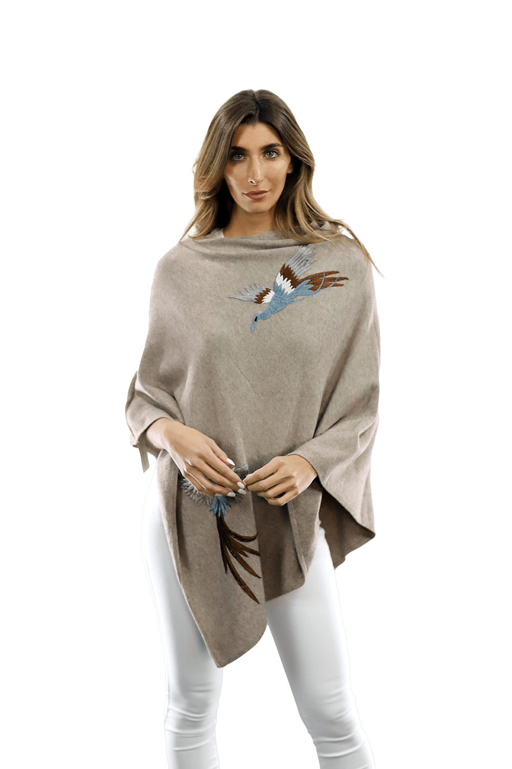 Poncho with Embroidered Phoenix - Oatmeal - Poncho - La Fiorentina B40-PHOENIX