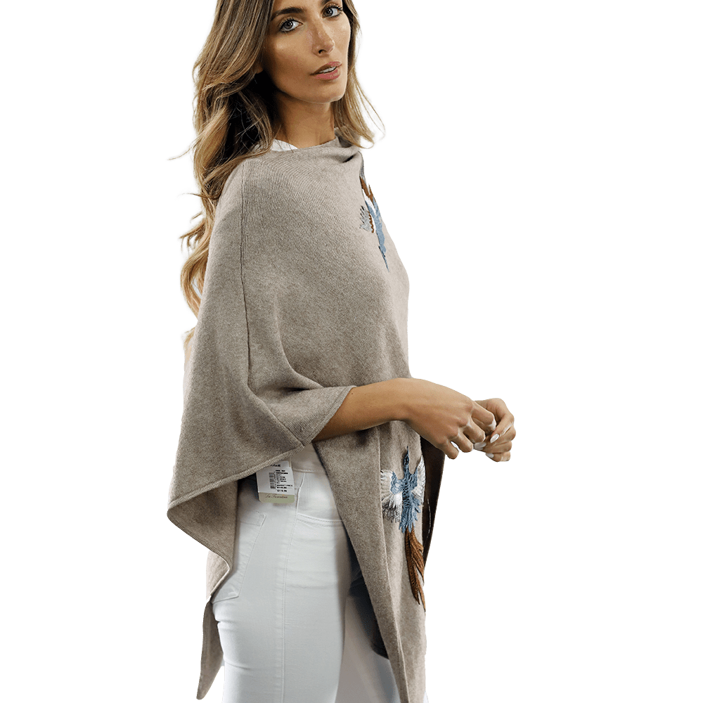 Poncho with Embroidered Phoenix - Oatmeal - Poncho - La Fiorentina B40-PHOENIX